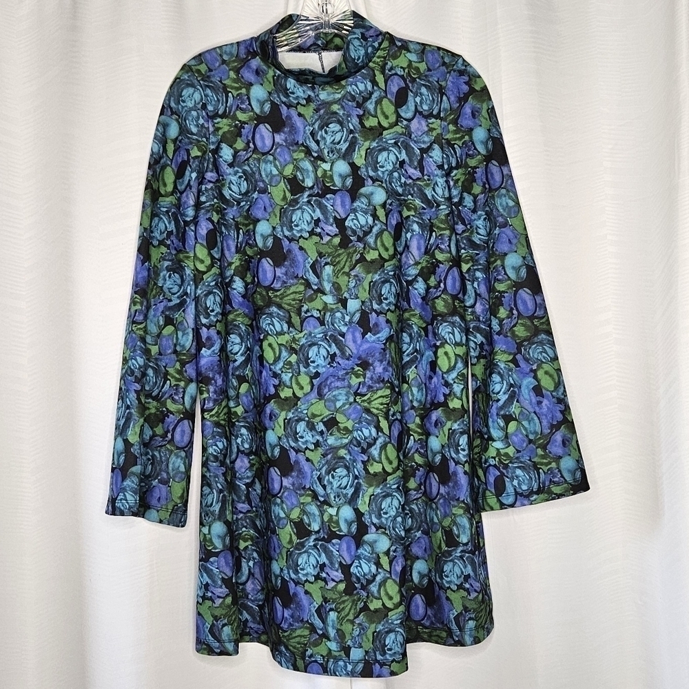 Zara blue & purple retro style mini dress with long bell sleeves